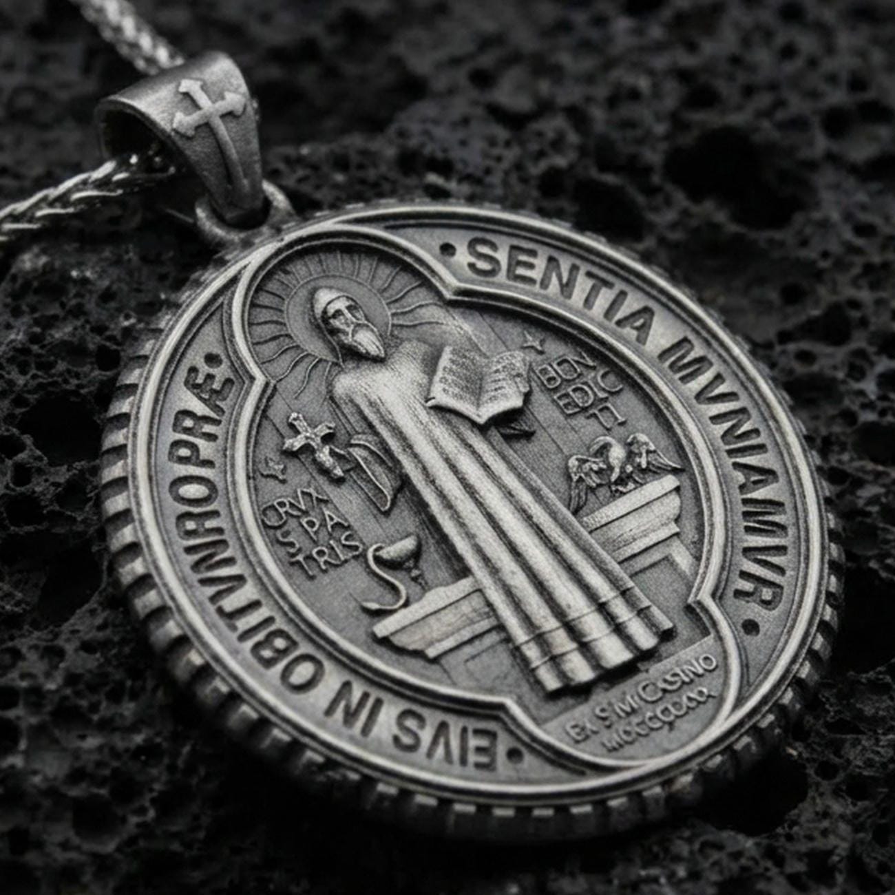 Oxidized Saint Benedict medallion pendant with robed saint figure, Latin inscriptions, and round devotional design displayed on dark volcanic rock in a close-up luxury jewelry composition
