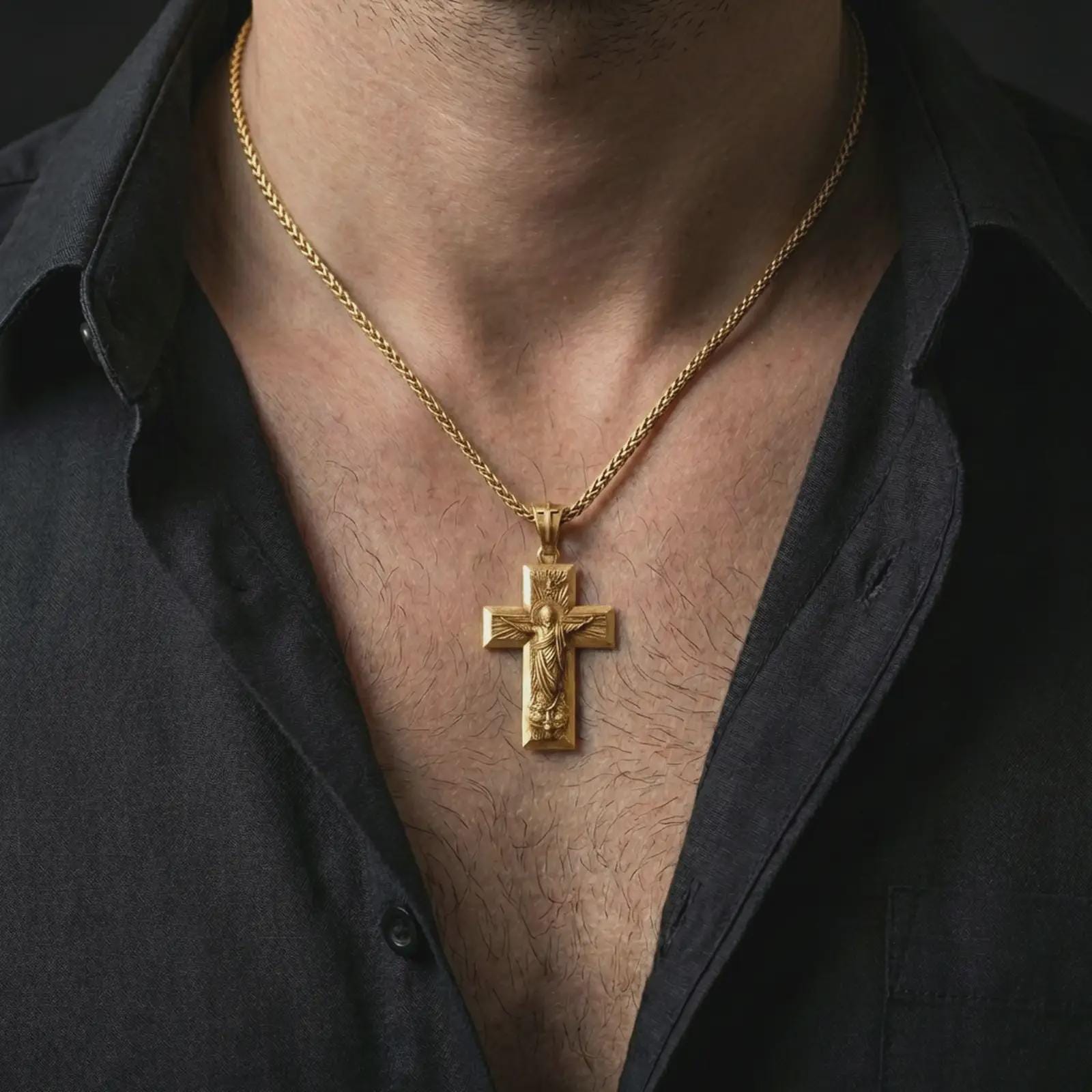 Gold plated Jesus Ascension cross pendant necklace worn on the neck, captured on a human model in a premium dark-toned lifestyle frame.