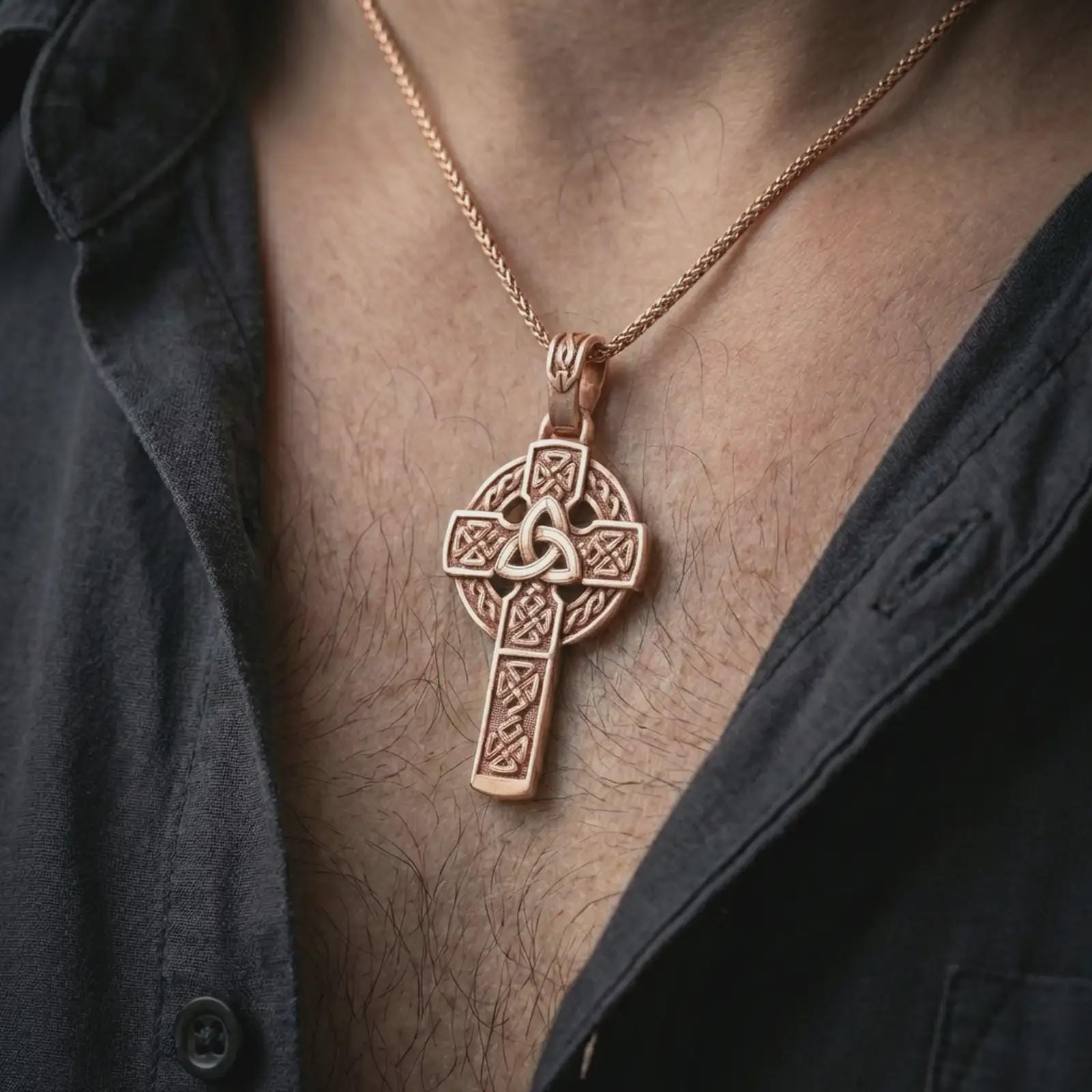 Rose gold plated Celtic cross pendant necklace worn on the neck, presented in a close-up lifestyle shot with a refined masculine aesthetic.