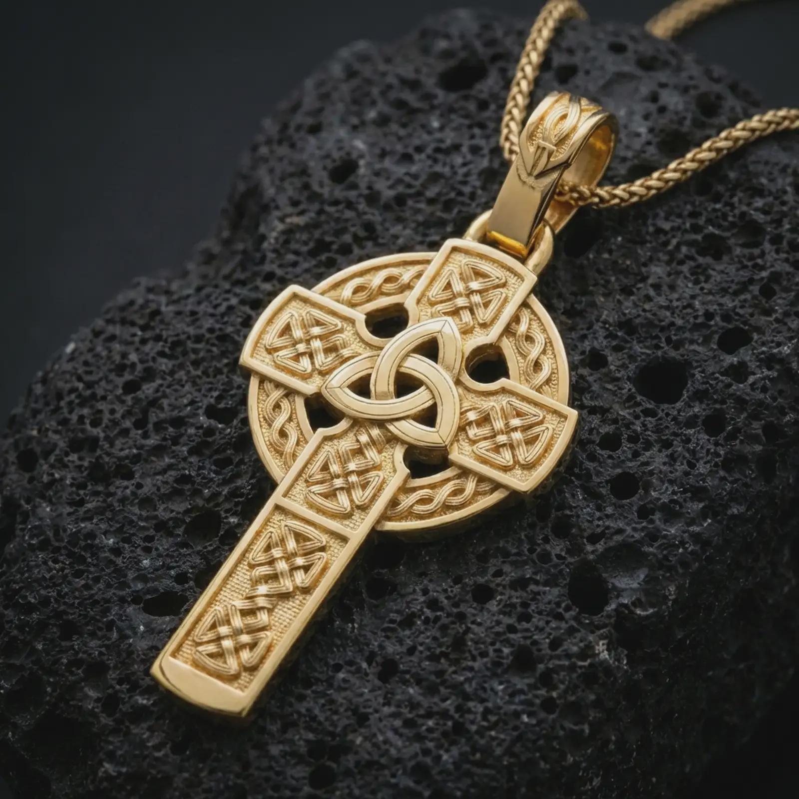 Gold plated Celtic cross pendant necklace presented on porous volcanic rock, highlighting the sacred knotwork design in a luxurious close-up jewelry image.