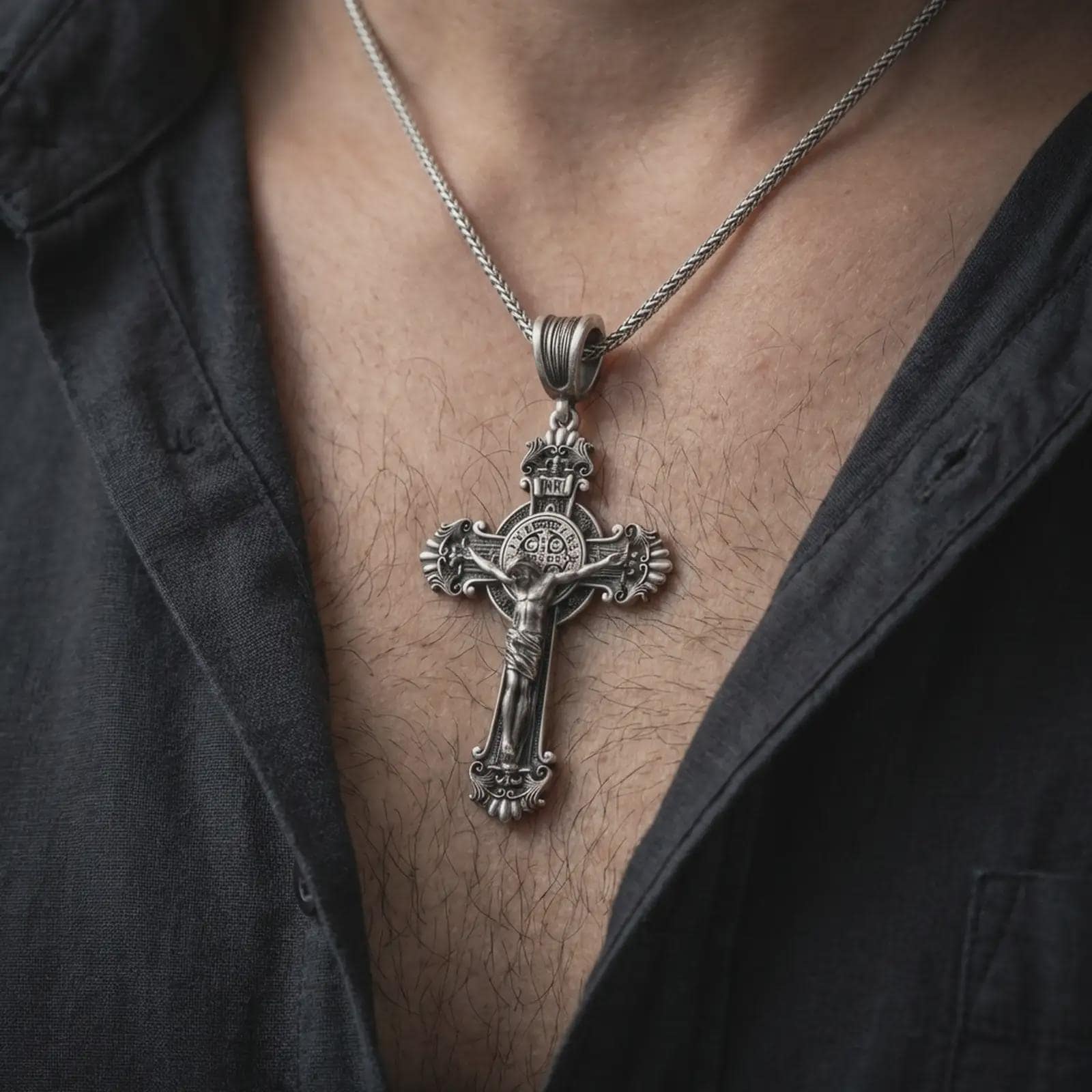 Oxidized Saint Benedict crucifix necklace worn on the neck, styled in a dark lifestyle portrait with an open shirt and masculine presentation.
