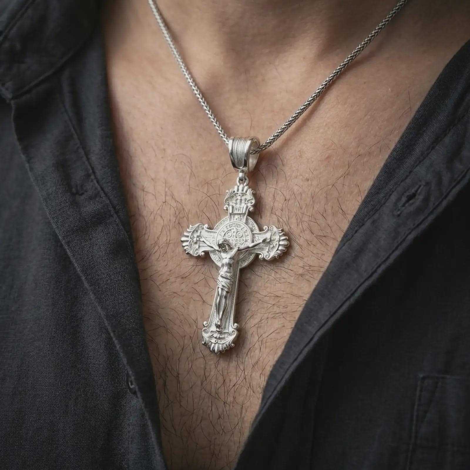 Polished silver Saint Benedict crucifix necklace worn on the neck, shown against the chest in a clean and elegant everyday wear composition.
