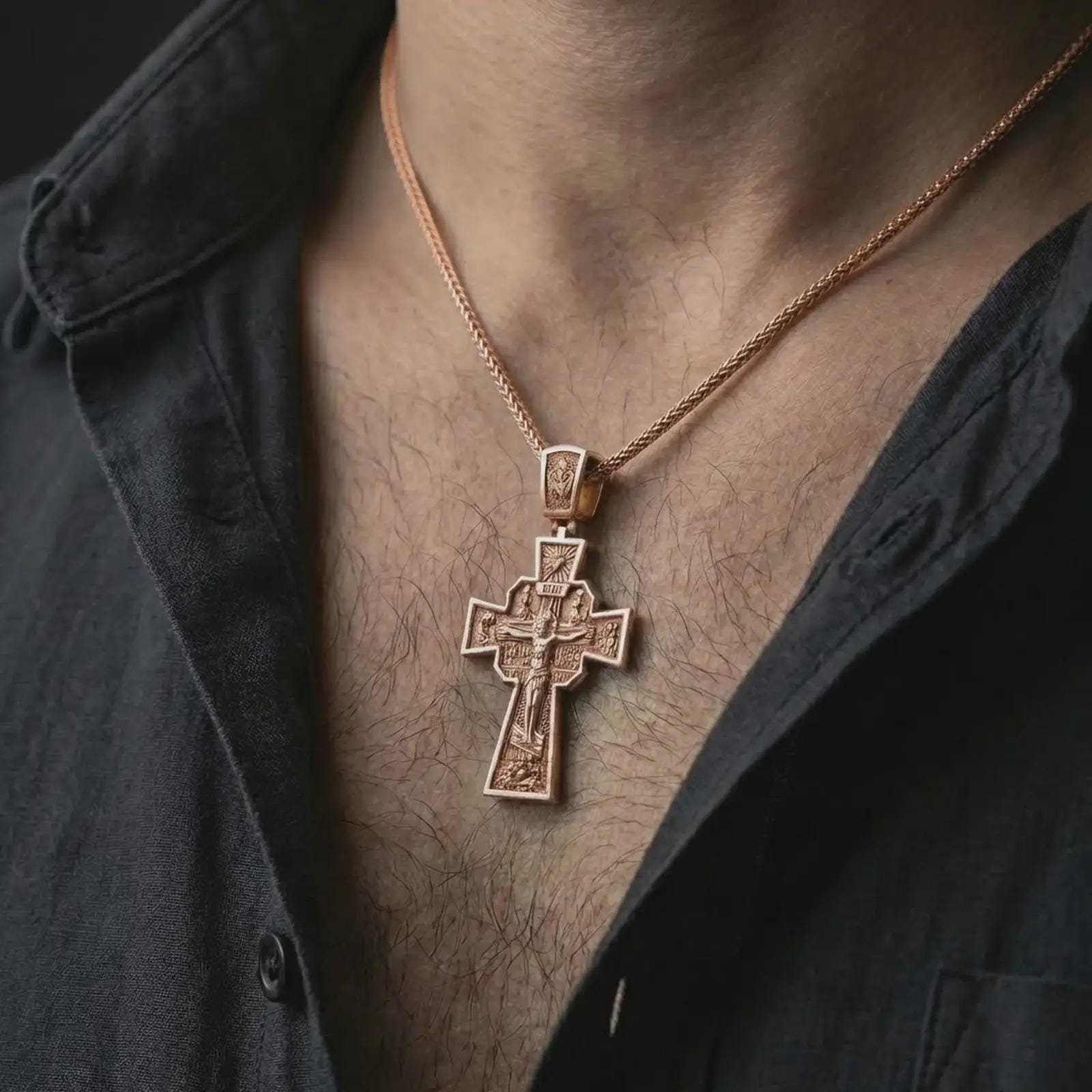 Rose gold plated Orthodox cross pendant necklace worn on the neck, presented in a close-up lifestyle shot with a refined masculine aesthetic.