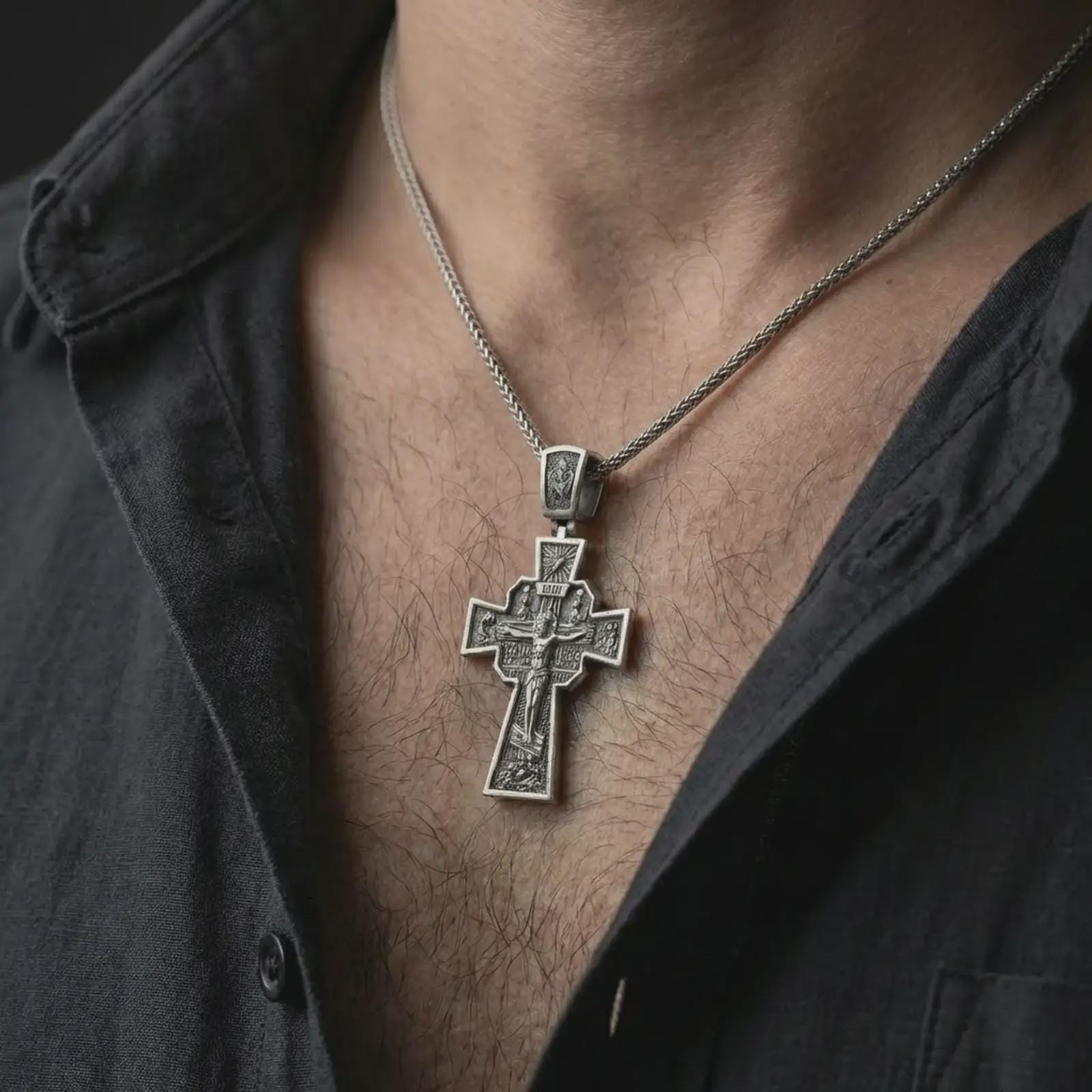 Oxidized Orthodox cross pendant necklace worn on the neck, styled in a dark lifestyle portrait with an open shirt and masculine presentation.