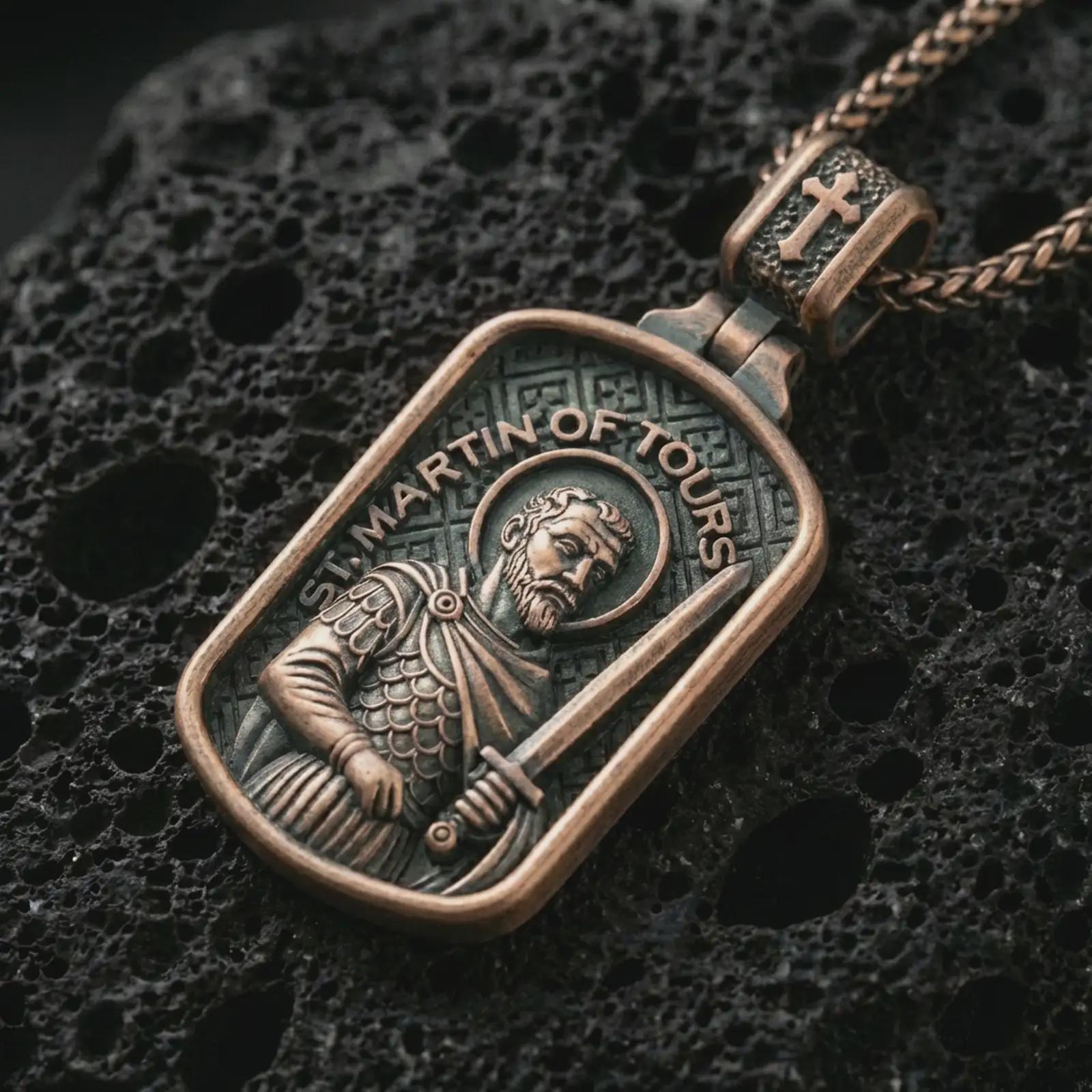 Bronze Saint Martin of Tours pendant necklace with an oxidized finish resting on textured volcanic rock, captured in a close-up premium studio composition.