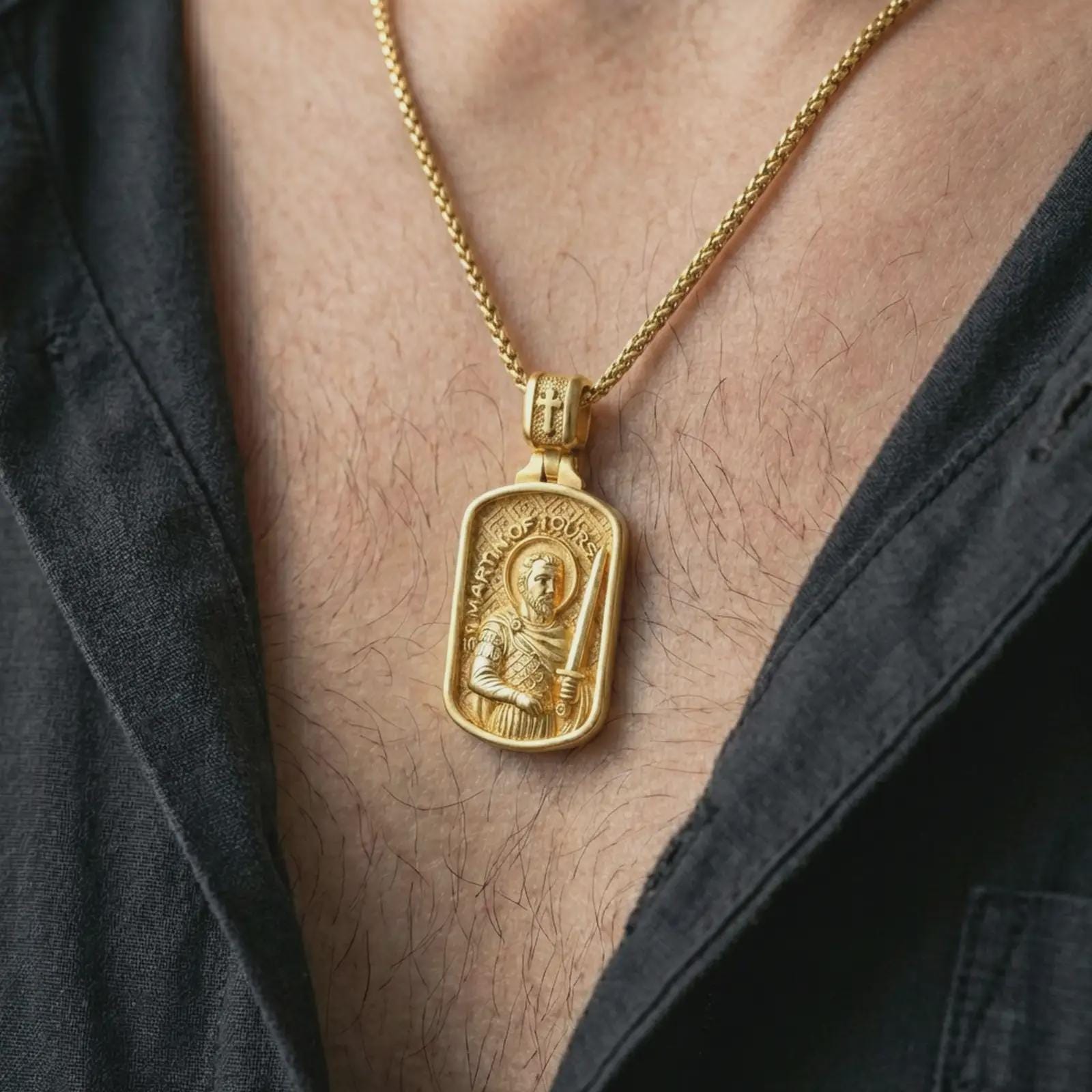 Gold plated Saint Martin of Tours pendant necklace worn on the neck, captured on a human model in a premium dark-toned lifestyle frame.
