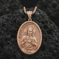 Load image into Gallery viewer, Rose gold plated Jesus Christ pendant necklace on dark volcanic rock, photographed in a detailed premium studio macro view.
