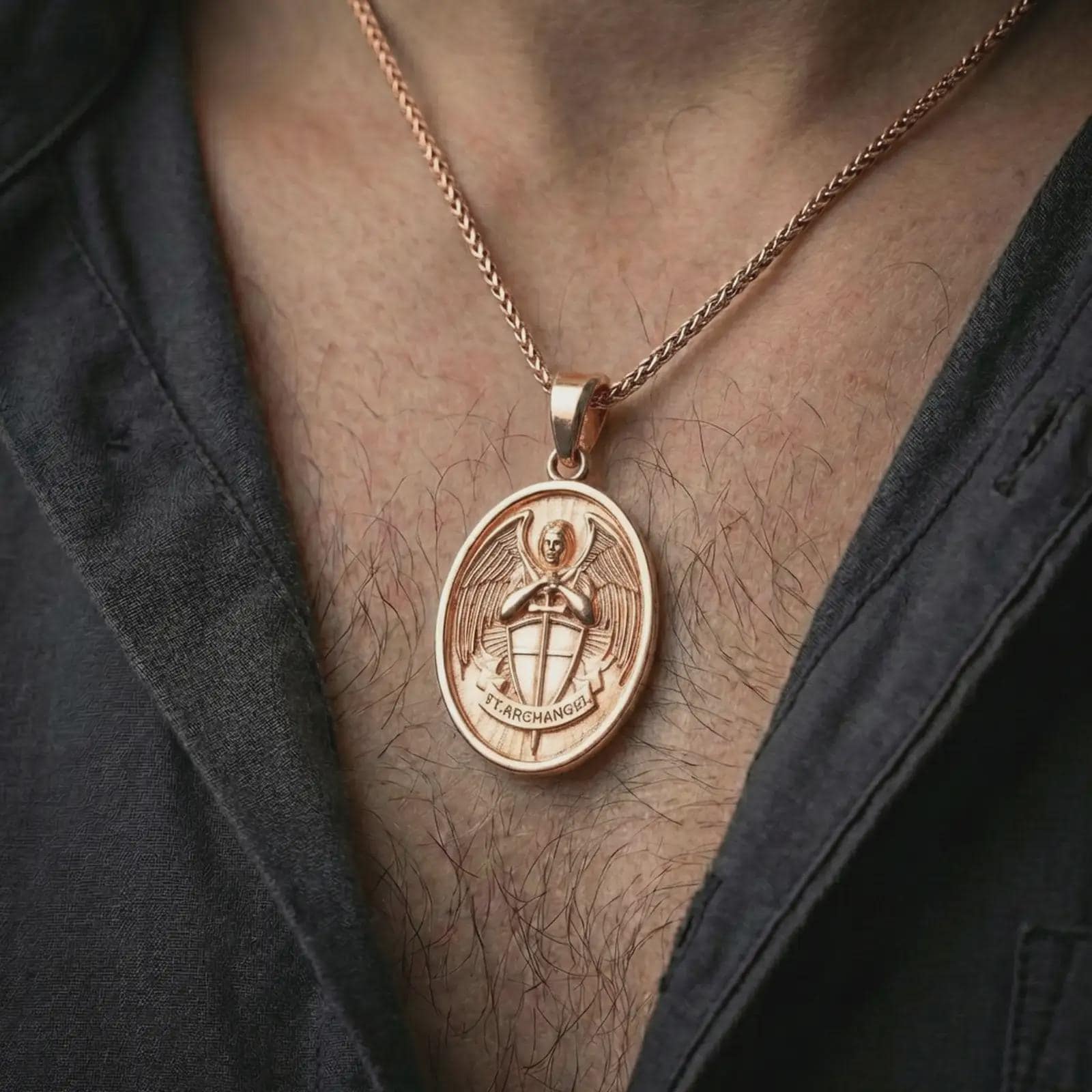 Rose gold plated Saint Michael Archangel pendant necklace worn on the neck, presented in a close-up lifestyle shot with a refined masculine aesthetic.