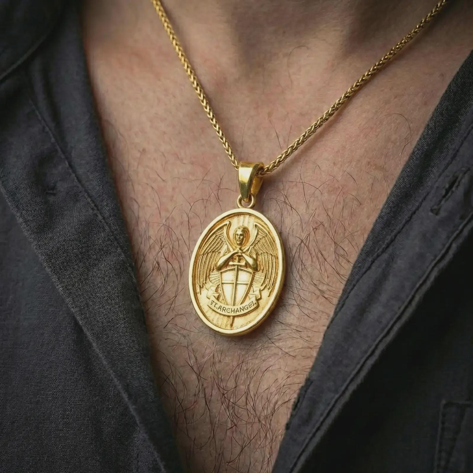 Gold plated Saint Michael Archangel pendant necklace worn on the neck, captured on a human model in a premium dark-toned lifestyle frame.