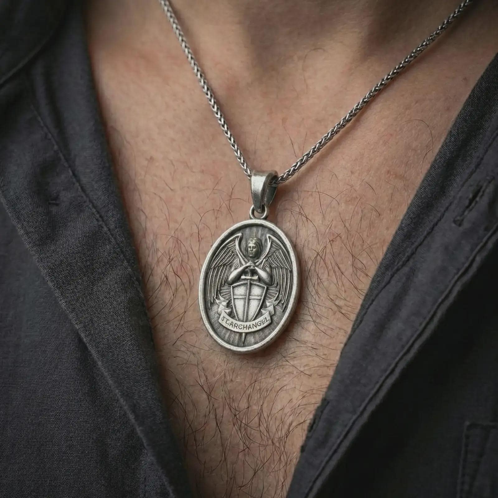 Oxidized Saint Michael Archangel pendant necklace worn on the neck, styled in a dark lifestyle portrait with an open shirt and masculine presentation.