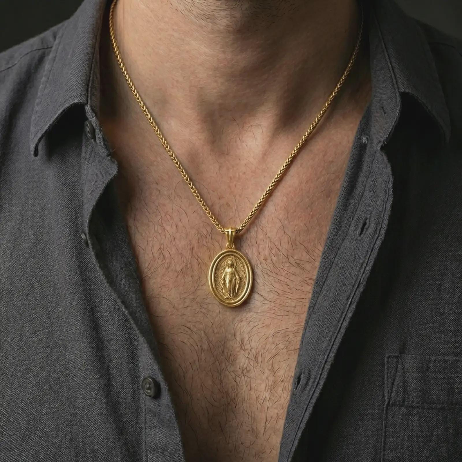 Gold plated Miraculous Medal pendant necklace worn on the neck, captured on a human model in a premium dark-toned lifestyle frame.