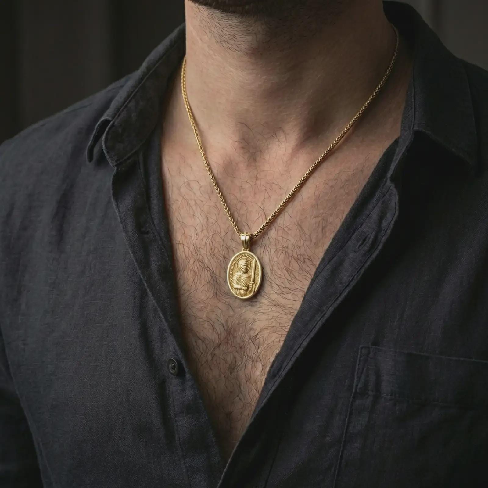 Gold plated Saint Martin of Tours pendant necklace worn on the neck, captured on a human model in a premium dark-toned lifestyle frame.