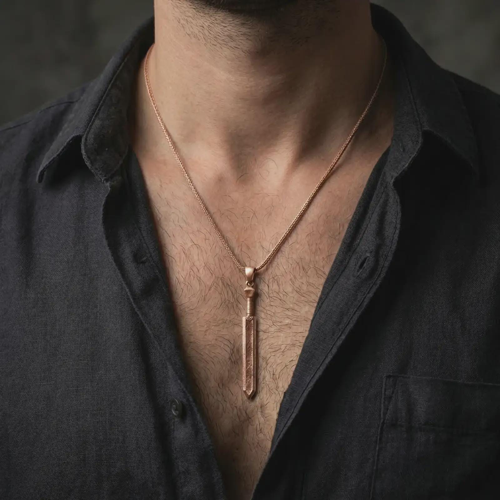 Rose gold plated Dragonslayer sword pendant necklace worn on the neck, presented in a close-up lifestyle shot with a refined masculine aesthetic.