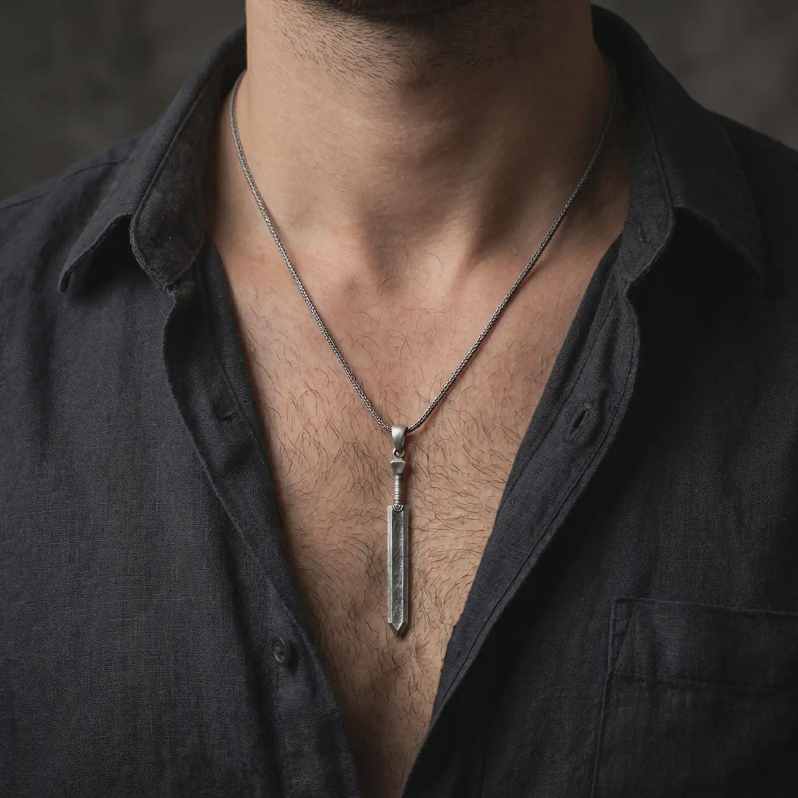 Oxidized Dragonslayer sword pendant necklace worn on the neck, styled in a dark lifestyle portrait with an open shirt and masculine presentation.