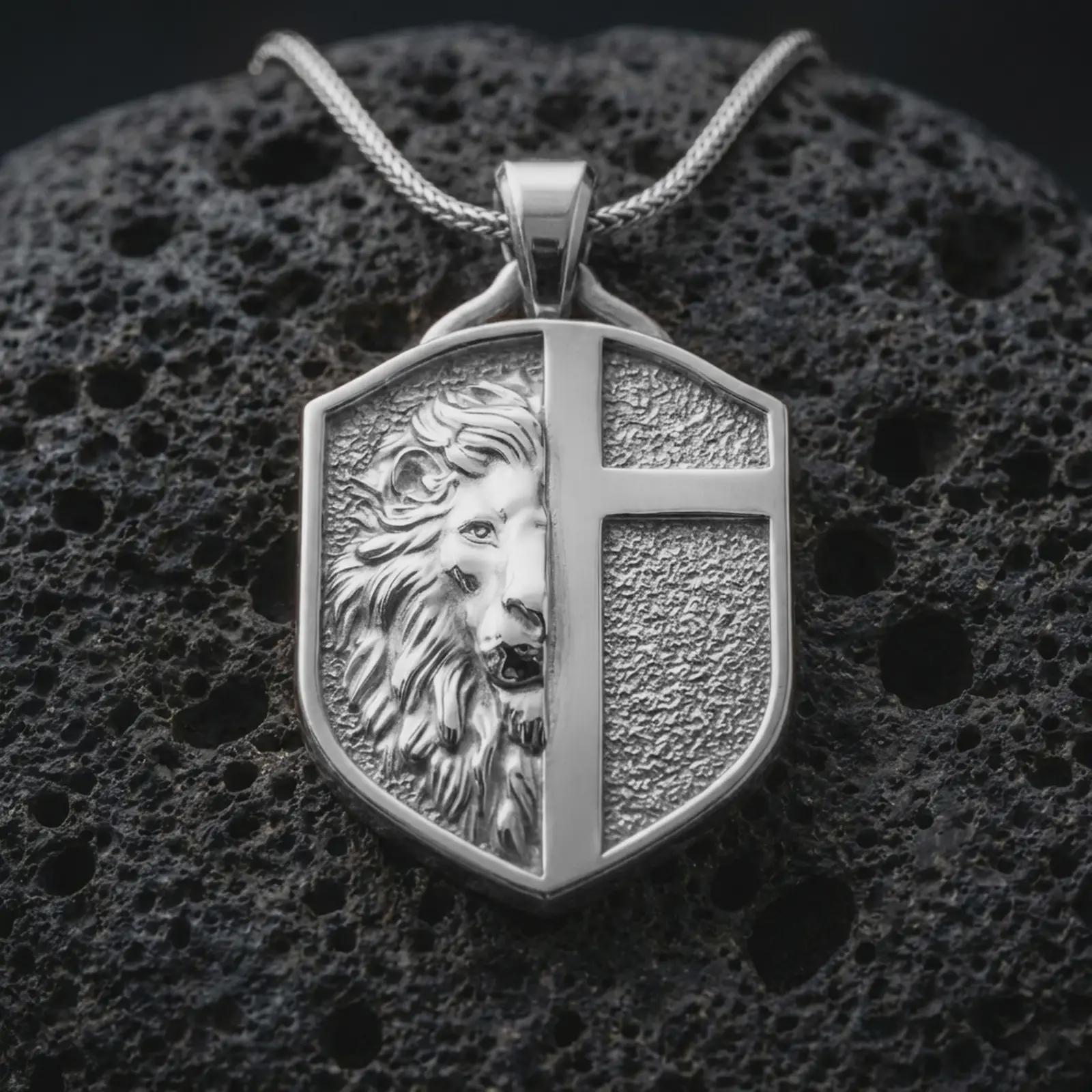 A polished 925 sterling silver shield necklace on volcanic rock featuring a lion profile and raised cross design.