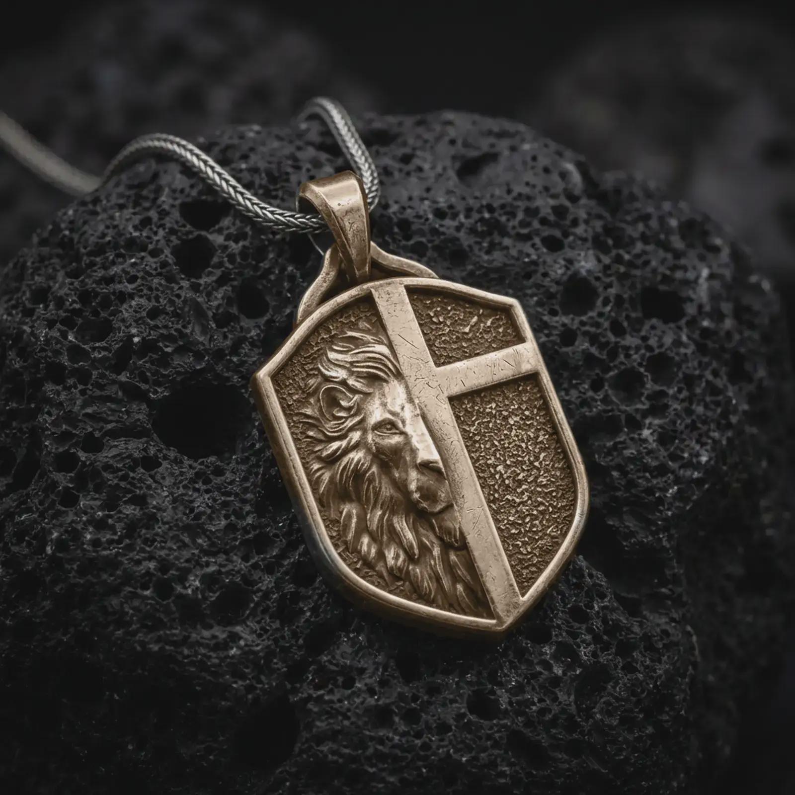 Bronze lion cross shield pendant on black volcanic stone with oxidized depth and strong relief details.