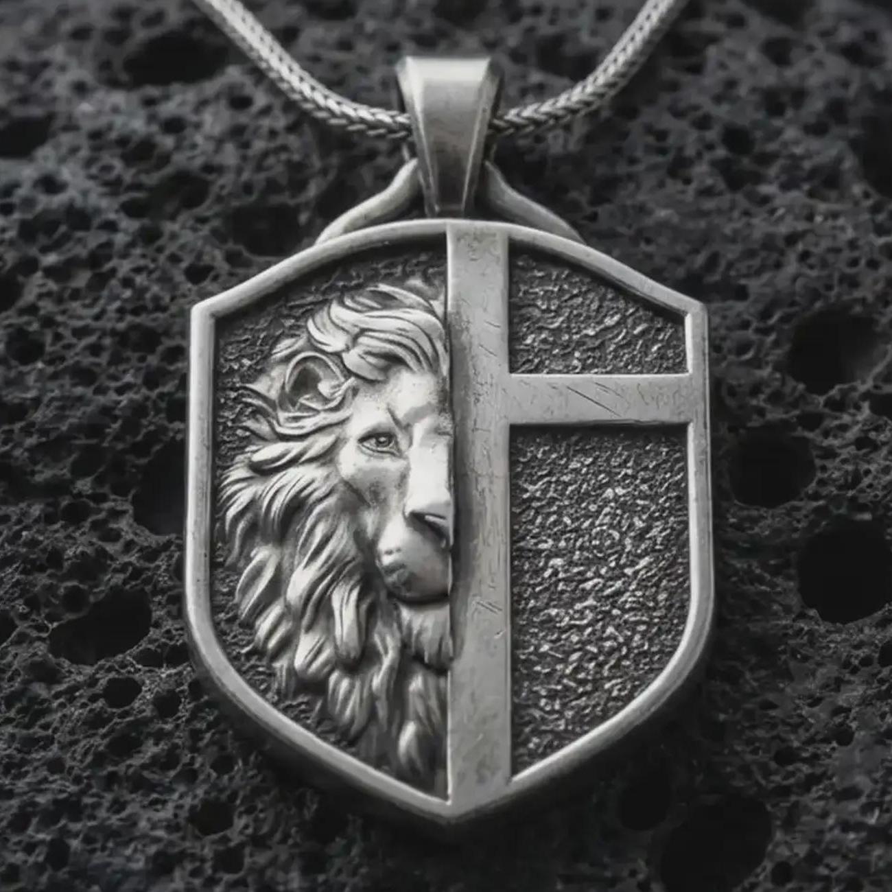A 925 sterling silver lion cross shield pendant on black volcanic stone with oxidized depth and strong relief details.
