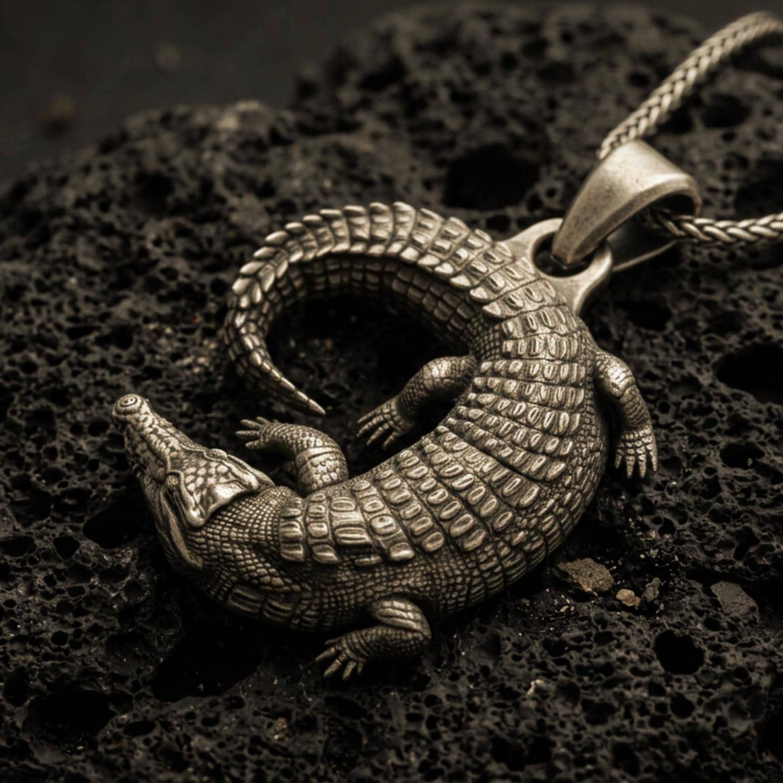 Bronze crocodile pendant with detailed reptile scales, curved tail, and realistic animal silhouette displayed on dark volcanic rock in a close-up luxury jewelry composition