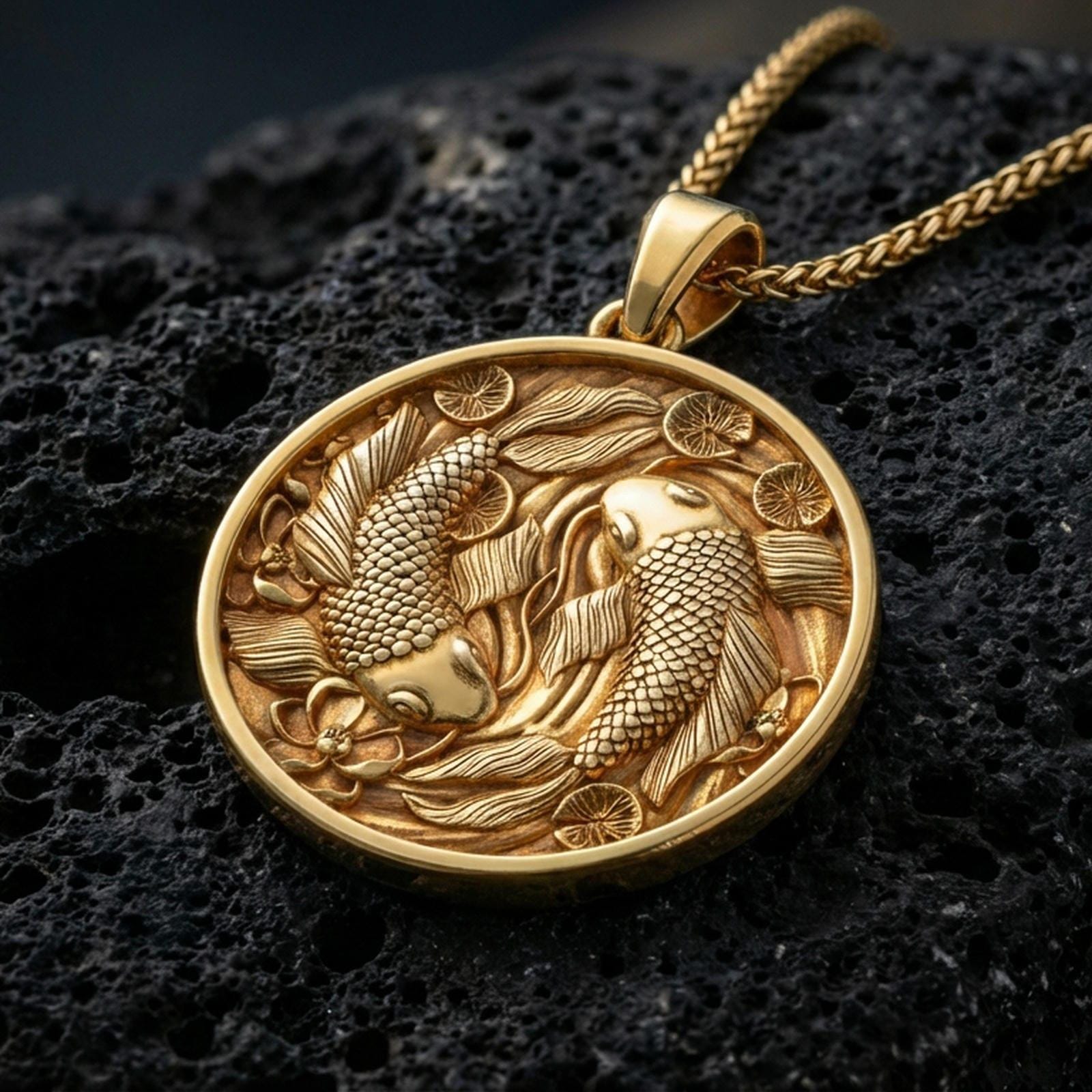 Gold plated koi fish pendant with twin swimming fish, round medallion form, and elegant water-and-lotus-inspired detailing showcased on black volcanic rock in a refined macro jewelry image