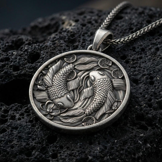 Oxidized koi fish pendant with yin yang-inspired twin fish design, flowing water details, and round medallion silhouette displayed on dark volcanic rock in a close-up luxury jewelry composition