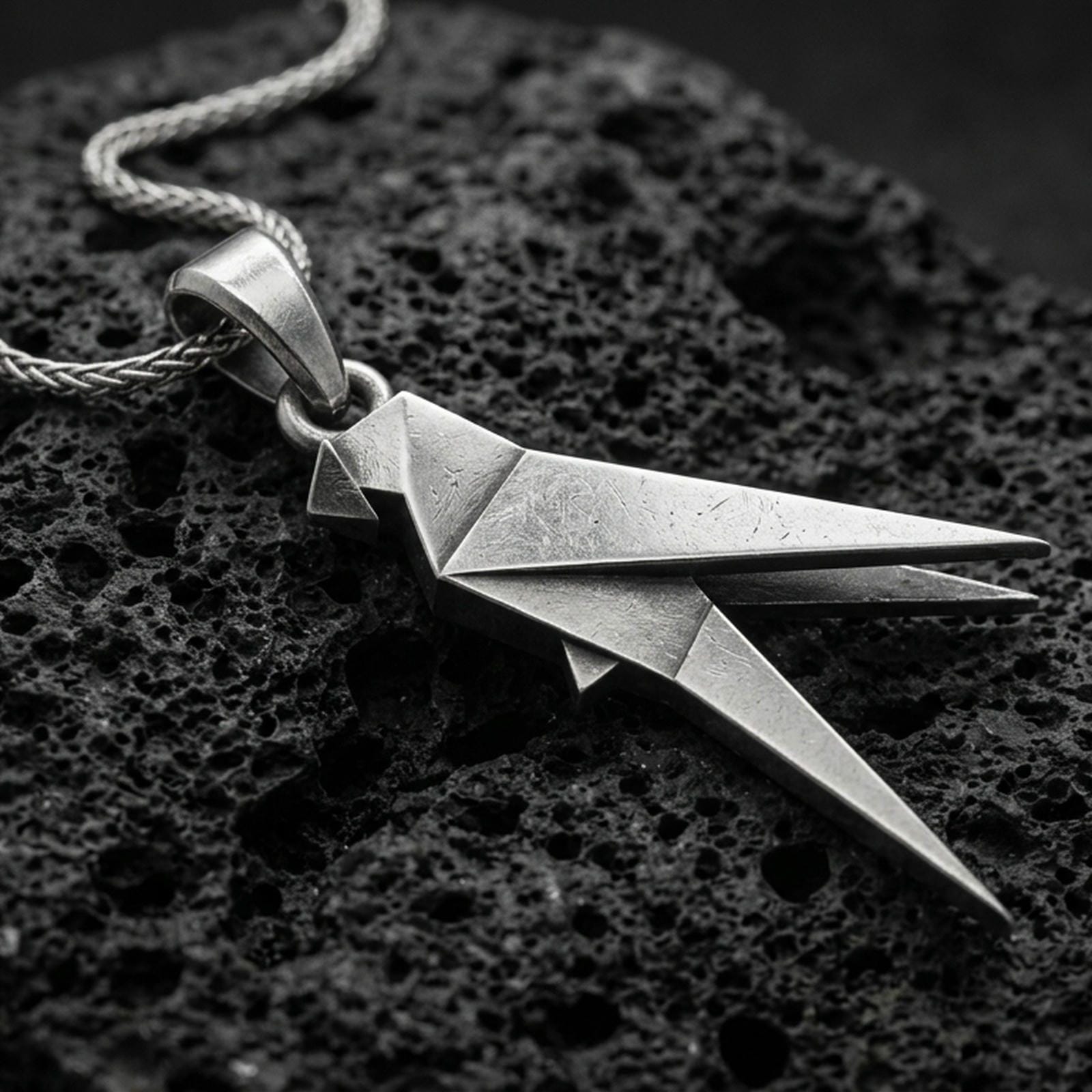 Oxidized origami parrot pendant with geometric folded bird form and sleek angular silhouette displayed on dark volcanic rock in a close-up luxury jewelry composition