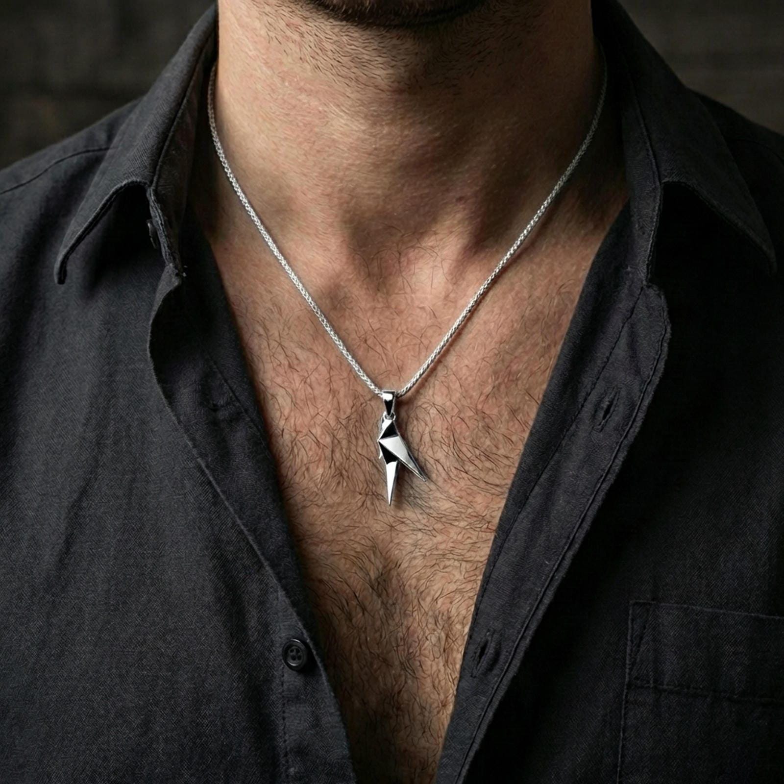 Polished silver parrot necklace with geometric bird silhouette worn on the neck in a close lifestyle frame, highlighting the clean folded lines and minimalist design