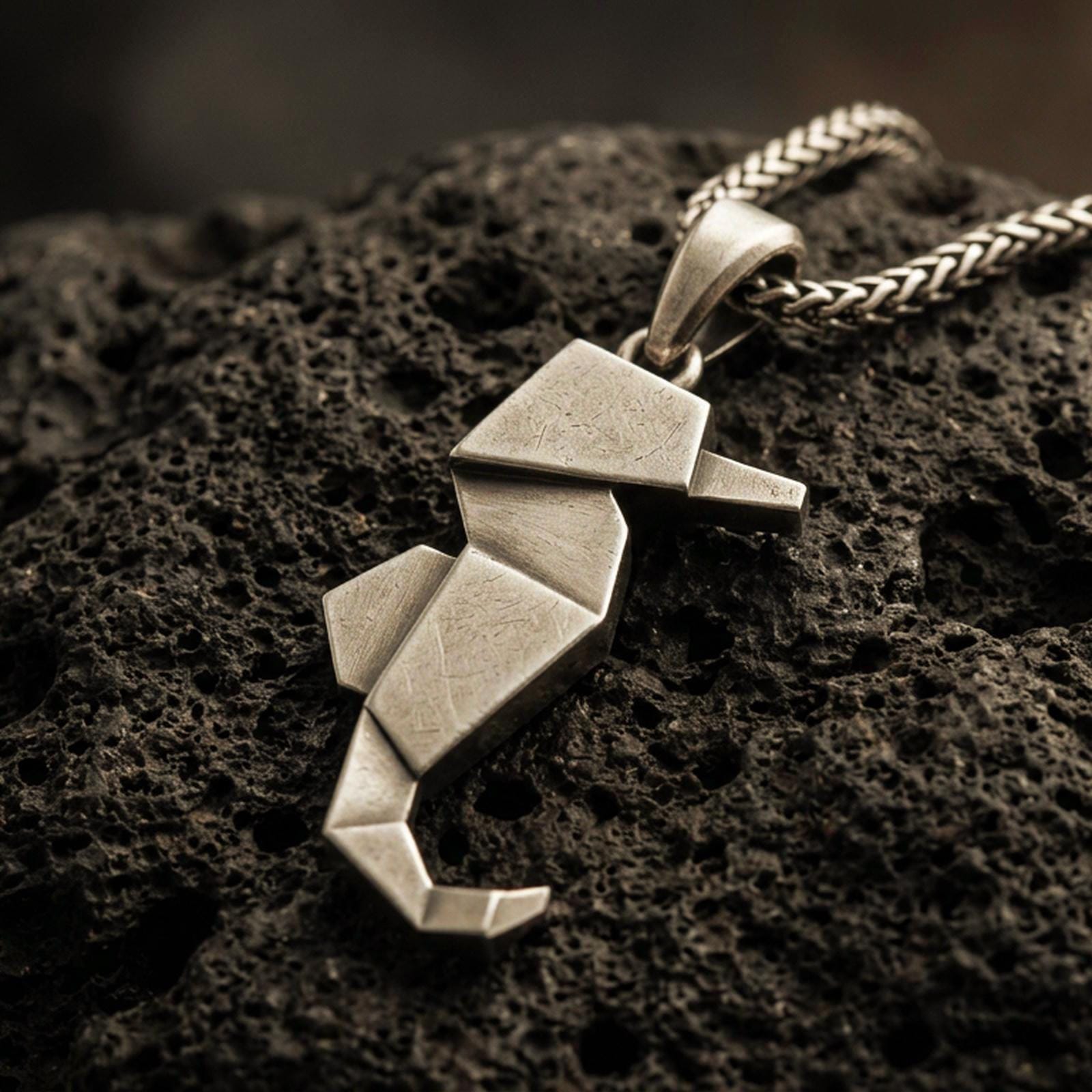 Bronze origami seahorse pendant with geometric folded lines and minimalist marine silhouette displayed on dark volcanic rock in a close-up luxury jewelry composition