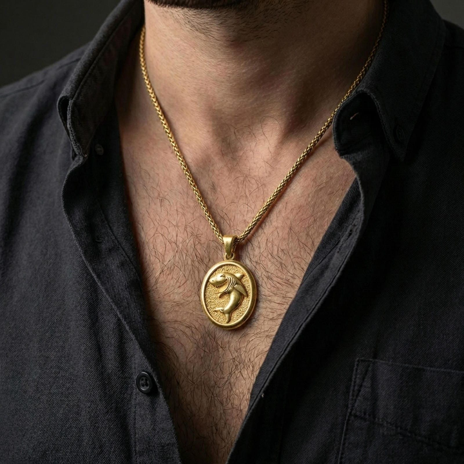 Gold plated shark pendant with predatory ocean motif and oval silhouette worn on the neck in a premium lifestyle composition with strong nautical jewelry styling