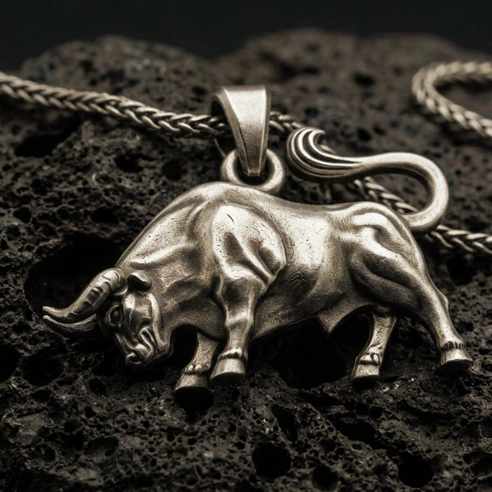 Bronze bull pendant with muscular animal form, curved tail, and strong charging stance displayed on dark volcanic rock in a close-up luxury jewelry composition