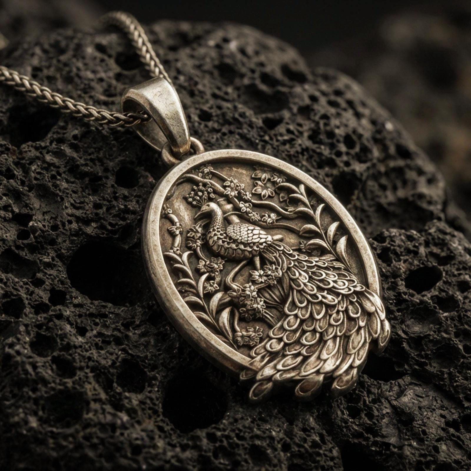 Bronze peacock pendant with detailed feather relief, floral branch accents, and oval medallion silhouette displayed on dark volcanic rock in a close-up luxury jewelry composition