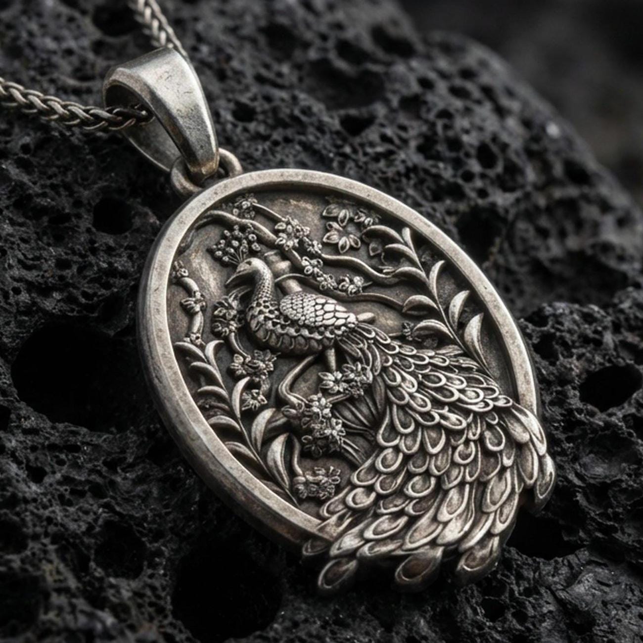 Oxidized peacock pendant with detailed feather relief, floral branch accents, and oval medallion silhouette displayed on dark volcanic rock in a close-up luxury jewelry composition