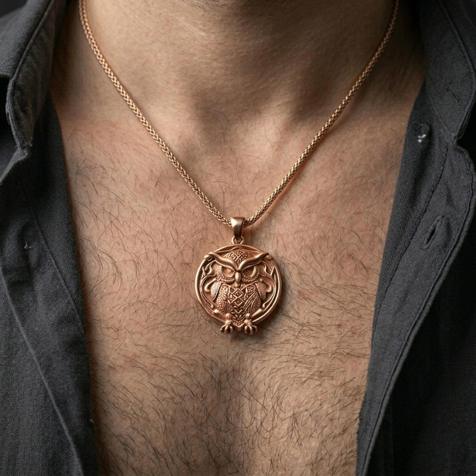 Rose gold plated owl necklace with sculpted owl relief, detailed plumage, and timeless circular design worn on the neck in a refined lifestyle shot with a warm and sophisticated presentation