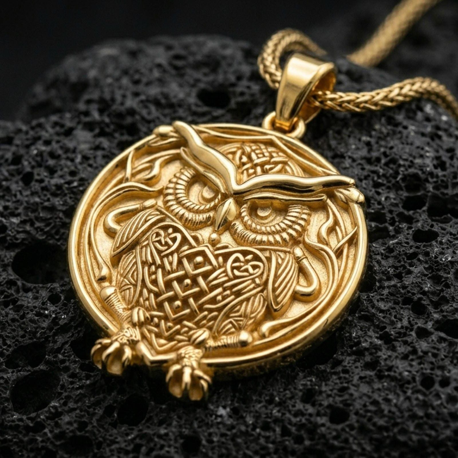 Gold plated owl pendant with detailed plumage, round symbolic frame, and elegant nocturnal bird motif showcased on black volcanic rock in a refined macro jewelry image