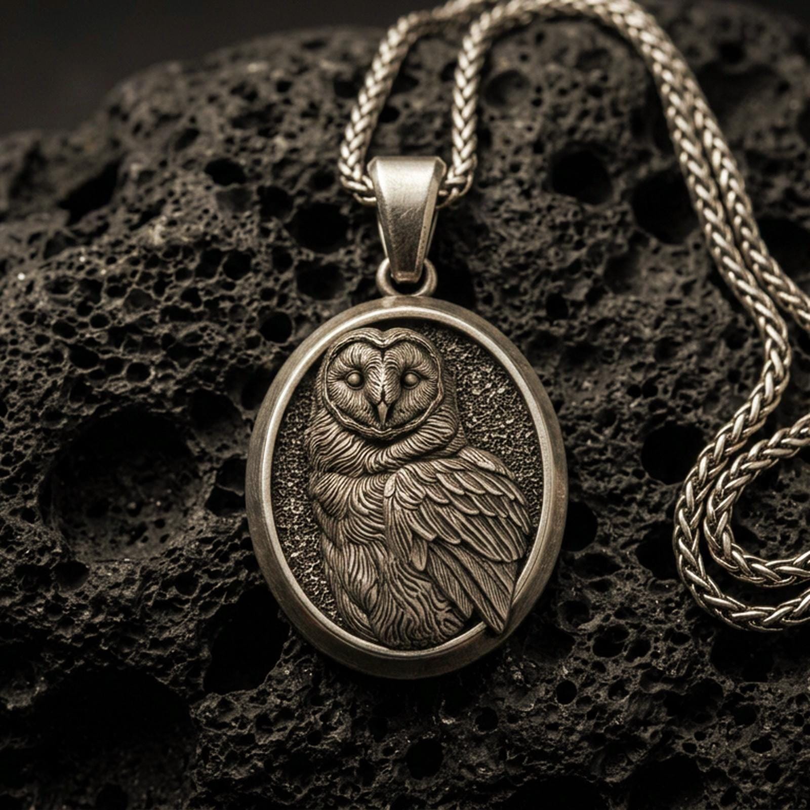 Bronze owl pendant with detailed feather engraving, oval medallion frame, and calm nocturnal bird silhouette displayed on dark volcanic rock in a close-up luxury jewelry composition