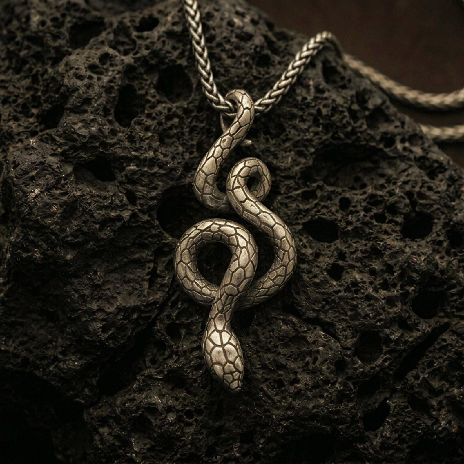 Bronze snake pendant with coiled serpent silhouette and detailed scale texture displayed on dark volcanic rock in a close-up luxury jewelry composition