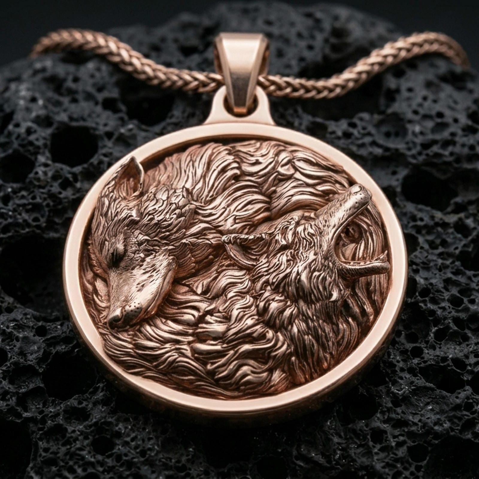 Rose gold plated wolfpack necklace with dual wolf composition, flowing fur texture, and elegant round medallion form resting on volcanic rock in an elegant close-up product presentation