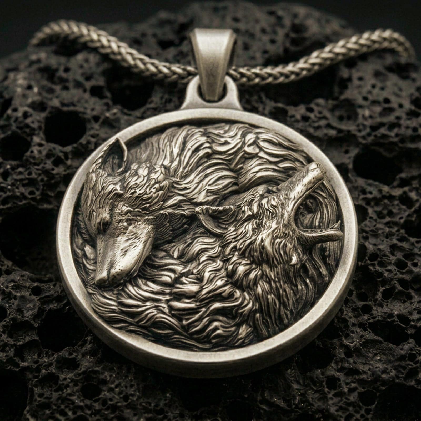 Bronze twin wolf pendant with flowing fur detail, howling and resting wolf relief, and round medallion silhouette displayed on dark volcanic rock in a close-up luxury jewelry composition