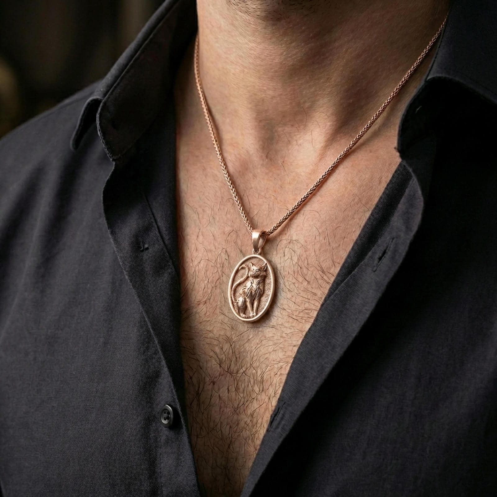 A rose gold plated oval cat pendant worn on the neck, sleek everyday necklace with a subtle familiar-inspired charm.