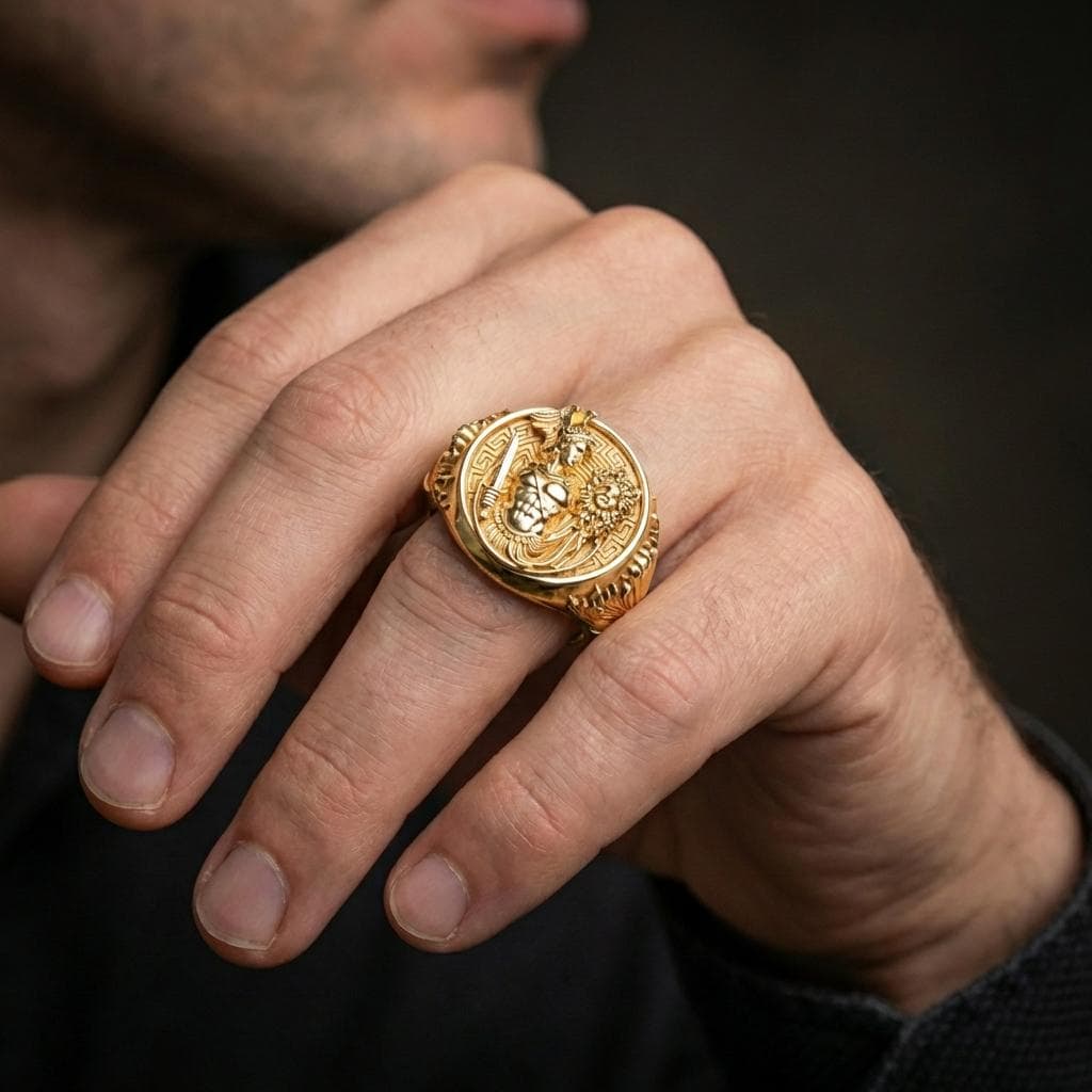 A gold plated mythology signet ring worn on the finger, heroic Perseus motif with Medusa head centerpiece.
