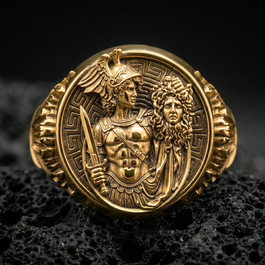 A gold plated Perseus and Medusa signet ring on black volcanic stone, Greek key background and hero motif in sharp relief.