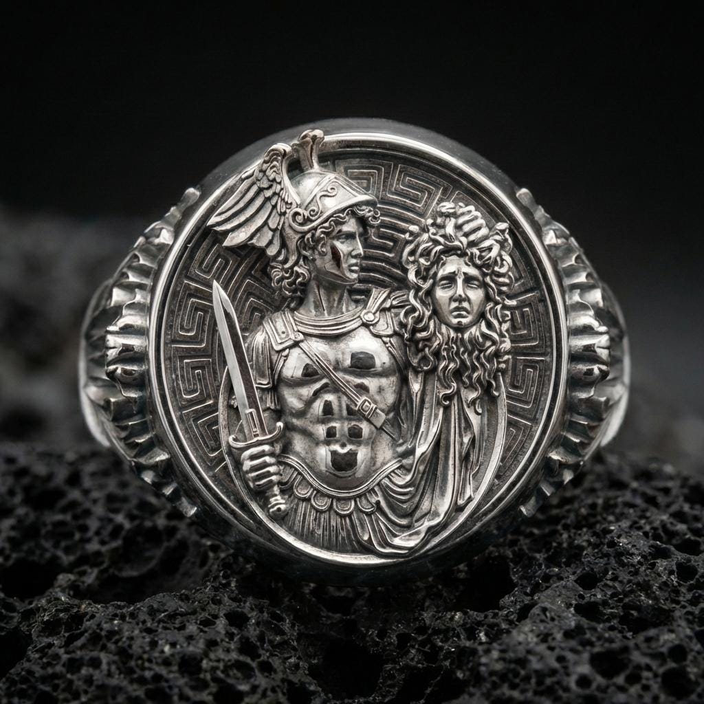A polished 925 sterling silver Greek mythology signet ring on volcanic rock, detailed Perseus figure with Medusa head.