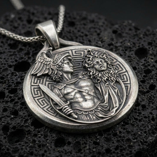 A 925 sterling silver Perseus and Medusa coin pendant on black volcanic stone with oxidized depth and Greek key border.