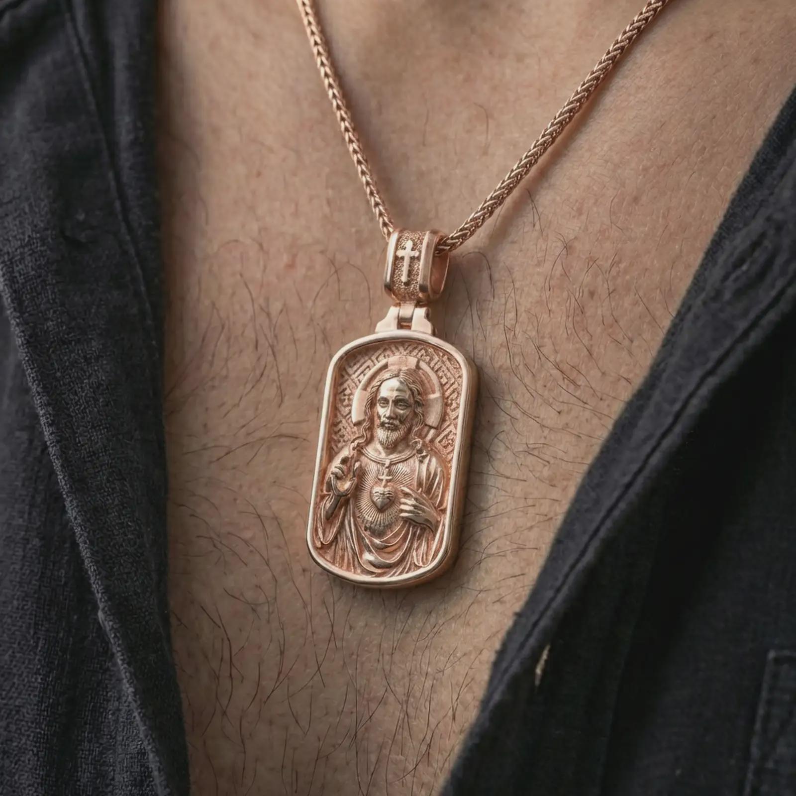 Rose gold plated Sacred Heart pendant necklace worn on the neck, presented in a close-up lifestyle shot with a refined masculine aesthetic.