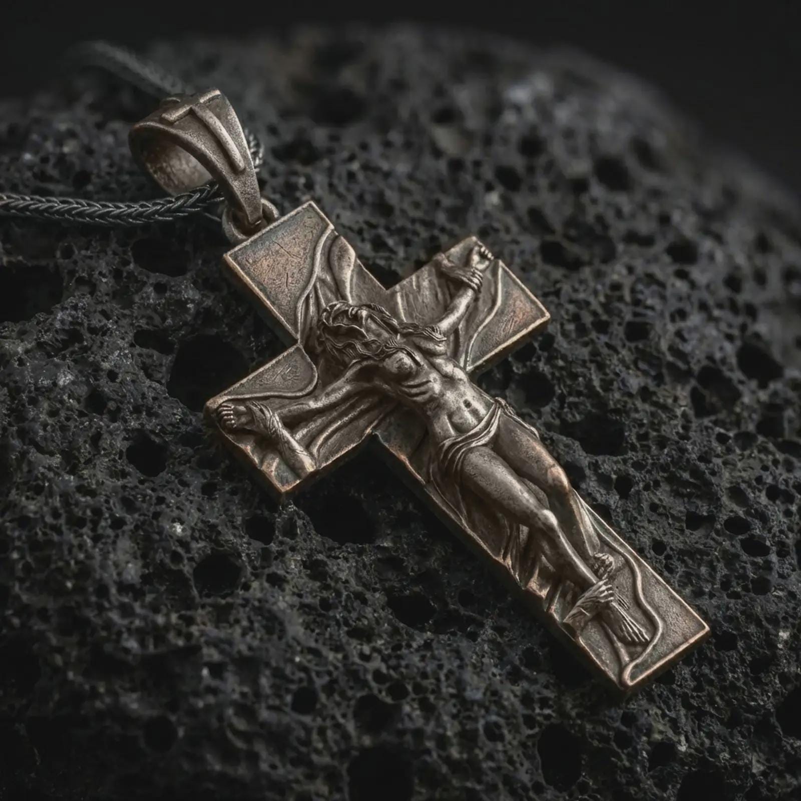 Bronze symbolic cross pendant with an oxidized finish resting on textured volcanic rock, captured in a close-up premium studio composition.