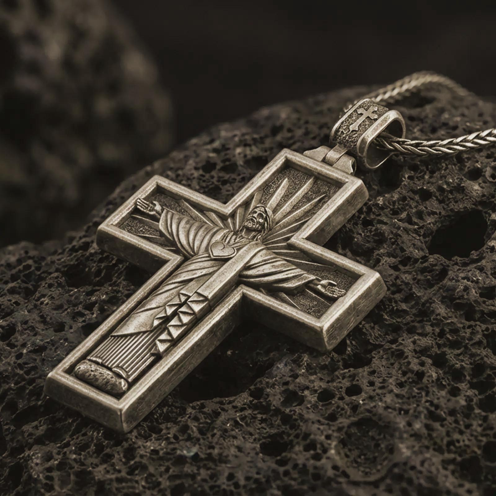 Bronze Cristo Protetor cross pendant necklace with an oxidized finish resting on textured volcanic rock, captured in a close-up premium studio composition.