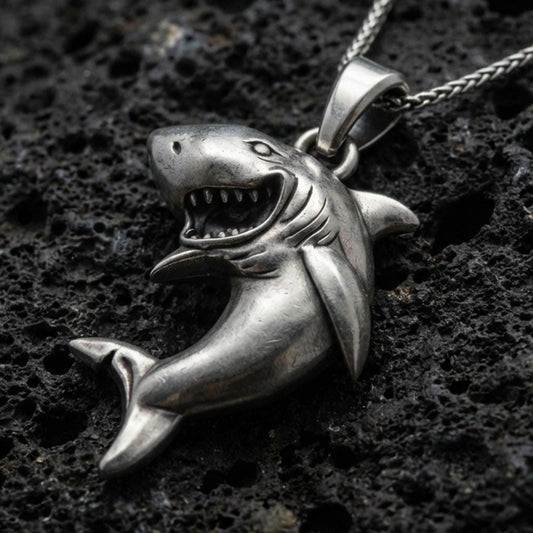Oxidized shark pendant with open-mouth predator design, sculpted body curve, and playful marine silhouette displayed on dark volcanic rock in a close-up luxury jewelry composition