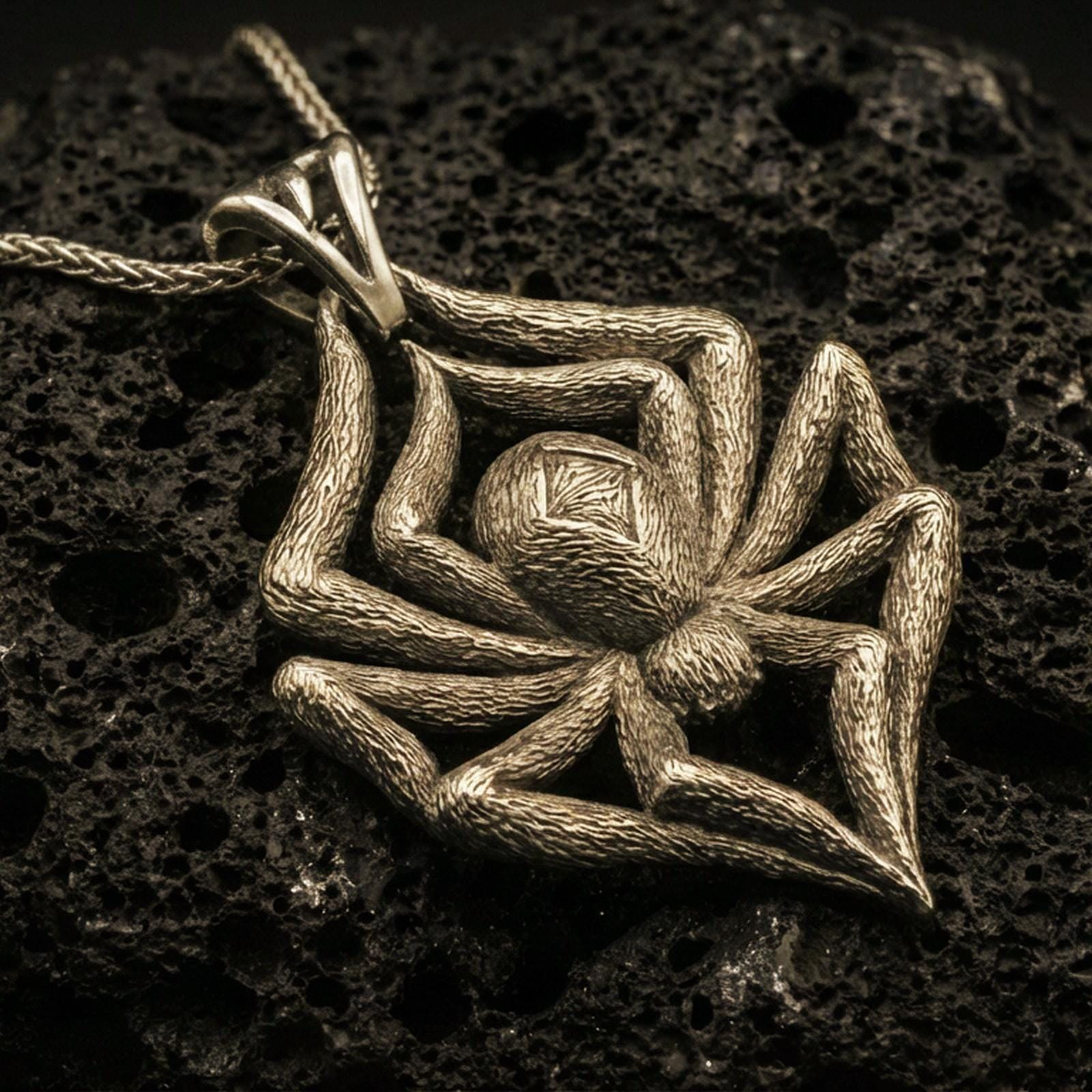 Bronze spider pendant with textured legs, sculpted body relief, and bold arachnid silhouette displayed on dark volcanic rock in a close-up luxury jewelry composition