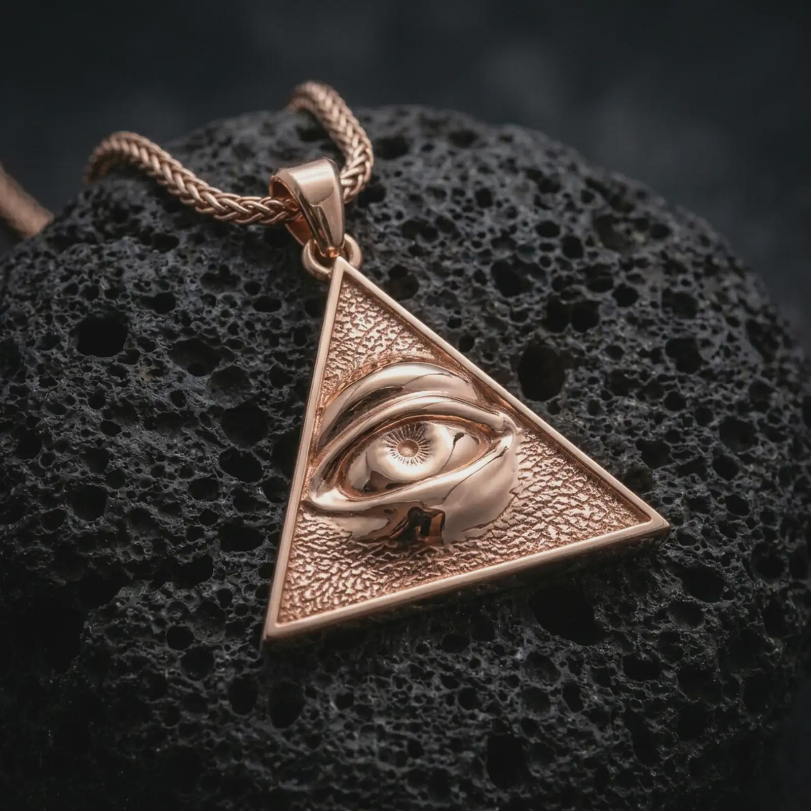 Rose gold plated all-seeing eye pendant necklace on dark volcanic rock, photographed in a detailed premium studio macro view.