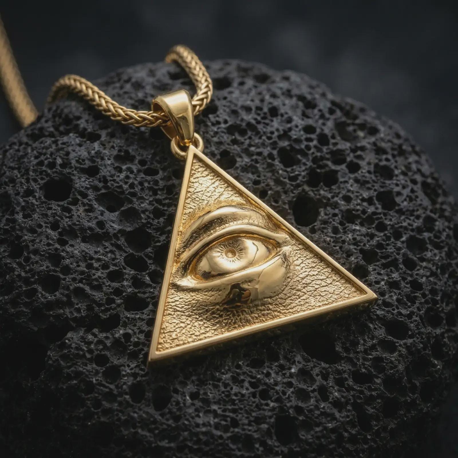 Gold plated all-seeing eye pendant necklace presented on porous volcanic rock, highlighting the symbolic triangle design in a luxurious close-up jewelry image.