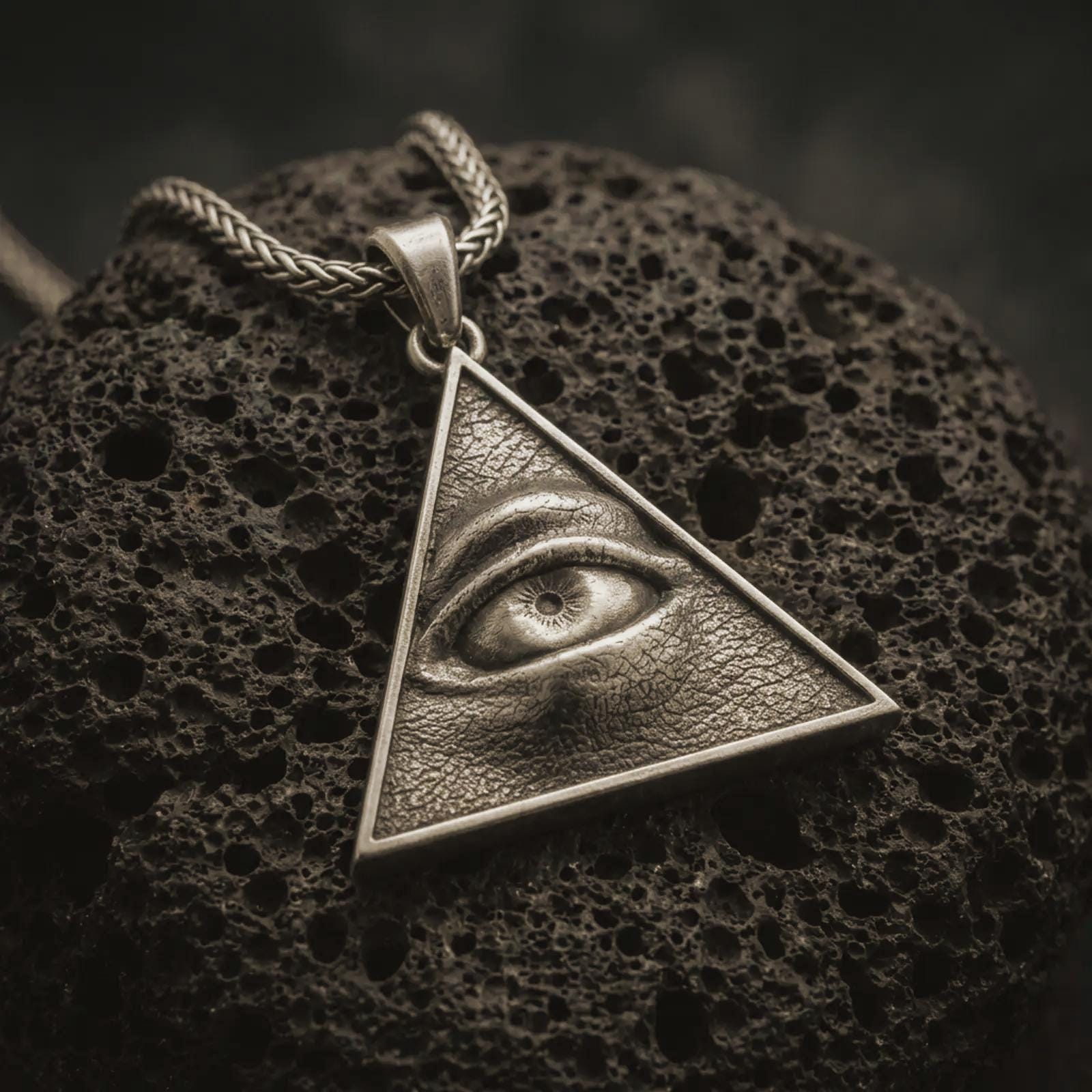 Bronze all-seeing eye pendant necklace with an oxidized finish resting on textured volcanic rock, captured in a close-up premium studio composition.